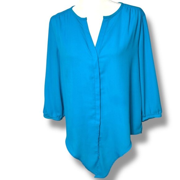 NWOT Peter Nygard Teal Button-Down Blouse 3/4 Sleeve Split Hem Tie-waist‎ Size 6 - Picture 1 of 6